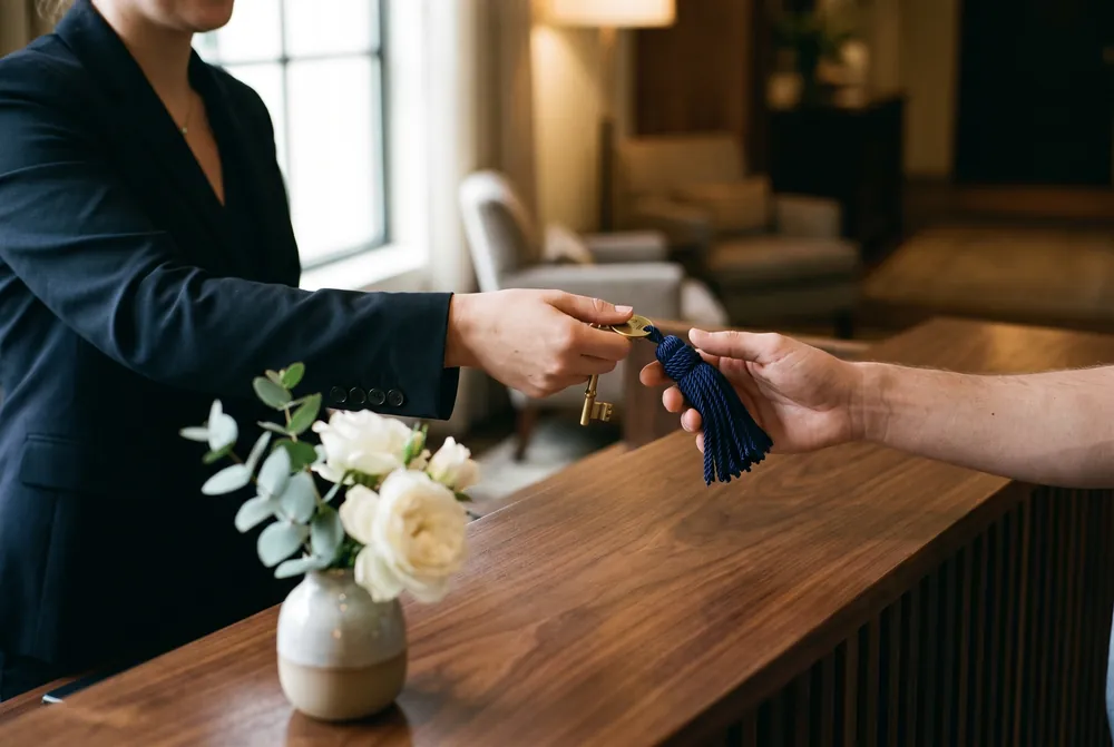 A receptionist handing a brass room key to a guest