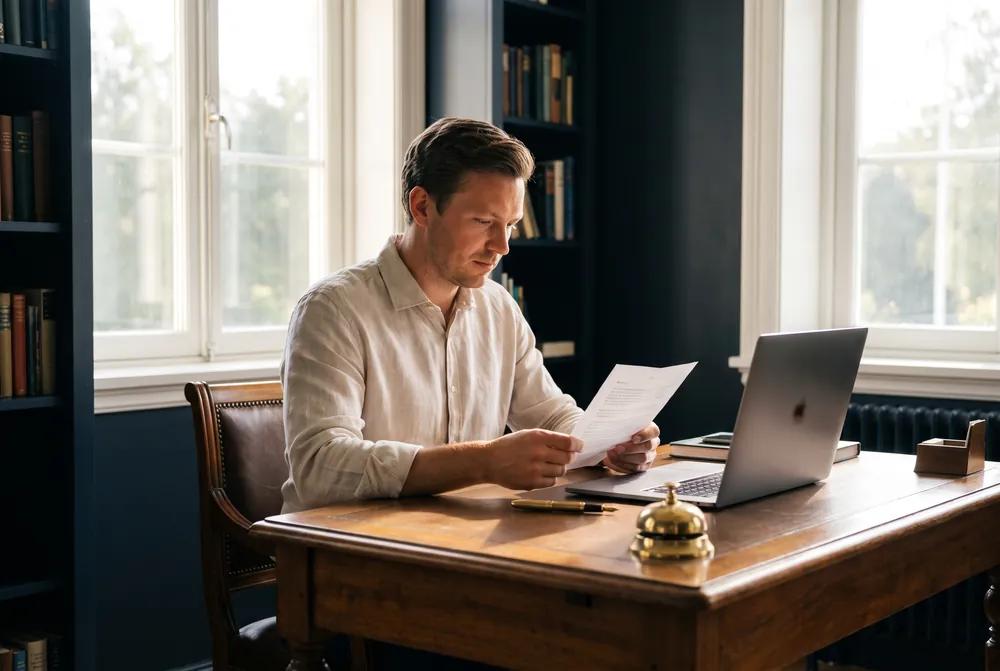 A hotel manager at a desk in a sunlit office